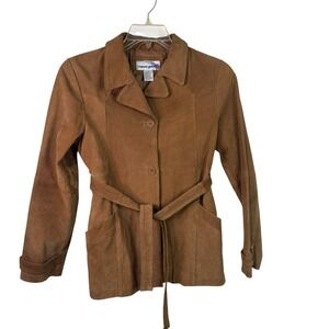 Vintage‎ RAVE Womens Jacket XL LEATHER BELTED Coat Tan Button (see Measurements)